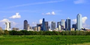 The downtown Dallas skyline seen across the city on a clear day