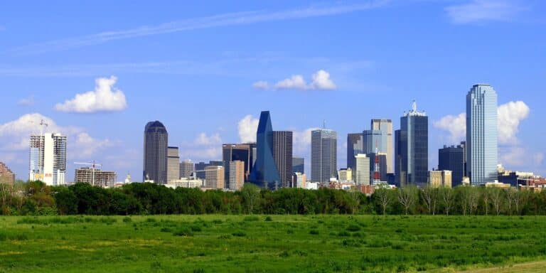 The downtown Dallas skyline seen across the city on a clear day