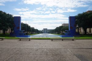 The art deco Esplanade fountain and reflecting pool at Fair Park in Dallas