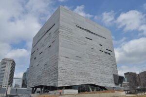 The cube-shaped exterior of the Perot Museum of Nature and Science in downtown Dallas