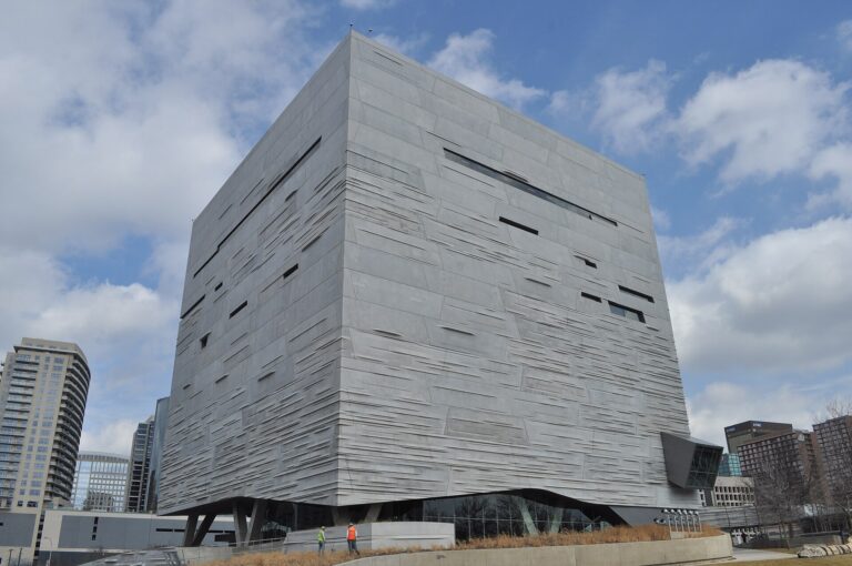 The cube-shaped exterior of the Perot Museum of Nature and Science in downtown Dallas