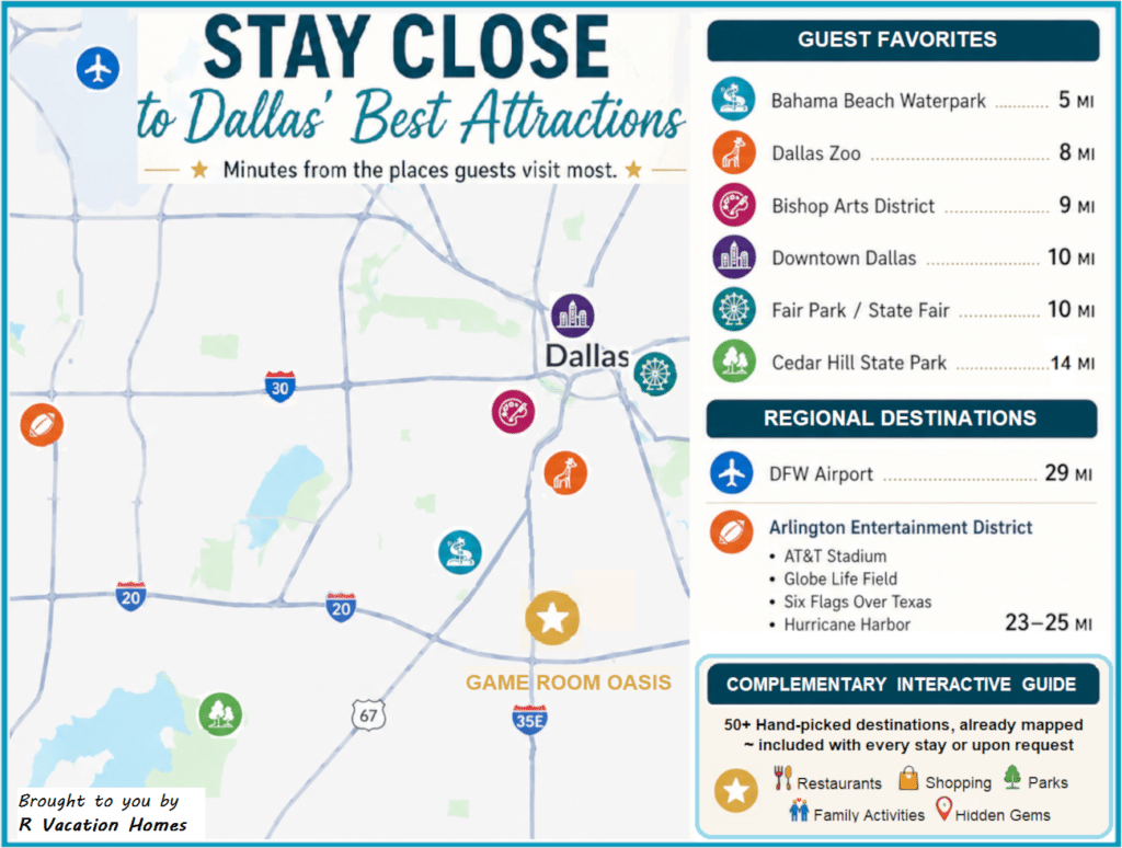 Dallas vacation rental location map showing Game Room Oasis near things to do in Dallas and popular attractions